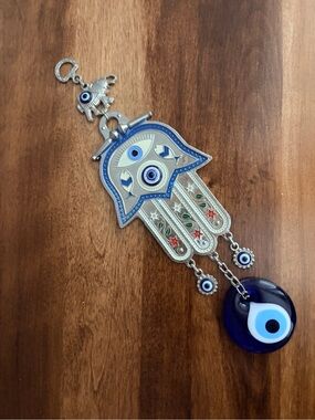 Hamsa Hand Evil Eye Wall Hanging - Blue & Silver